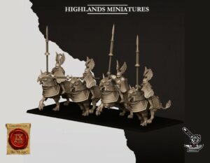 3 chevaliers du Sunland sur demi-griphs avec hallebardes et boucliers