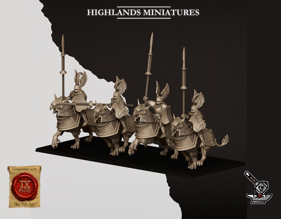 3 chevaliers du Sunland sur demi-griphs avec hallebardes et boucliers